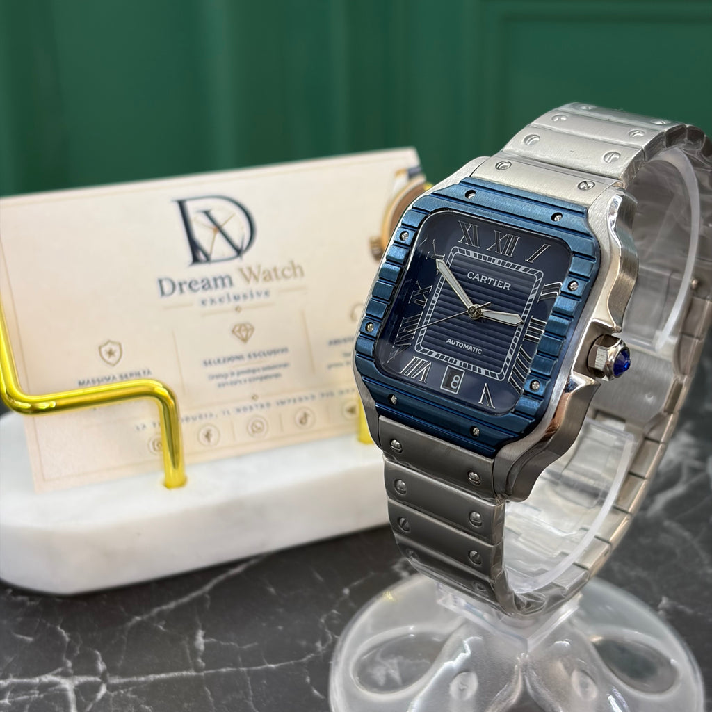 Cartier Santos 40mm – Ghiera Blu, Fondo blu