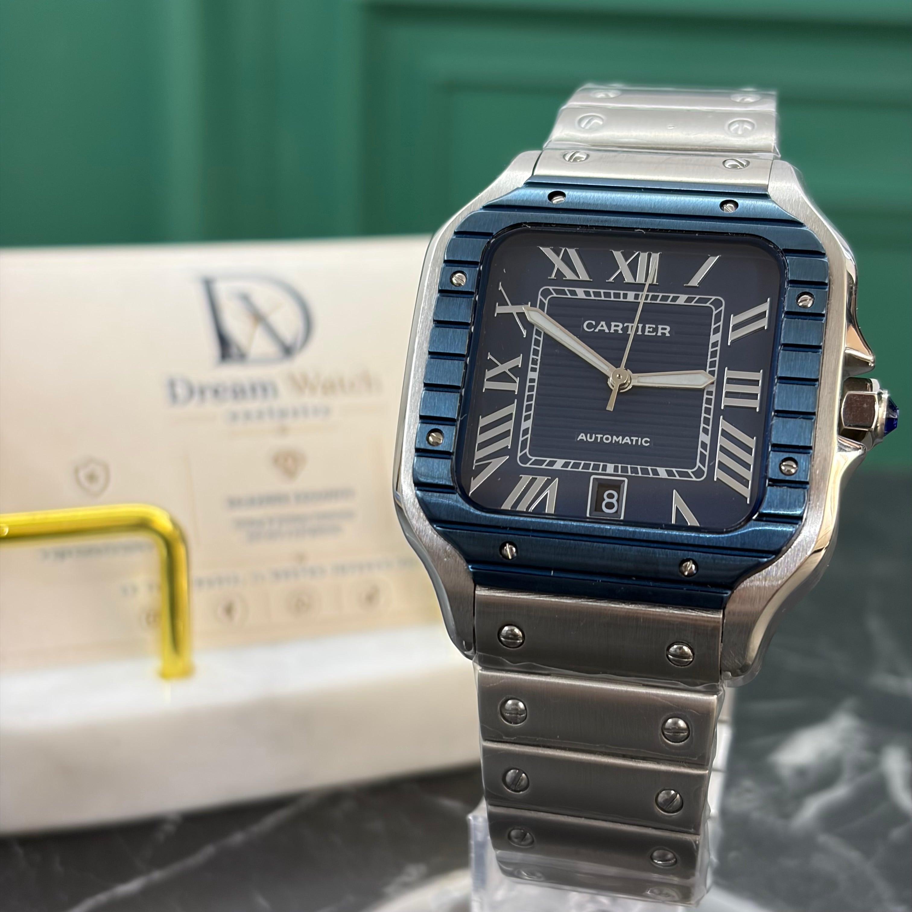 Cartier Santos 40mm – Ghiera Blu, Fondo blu