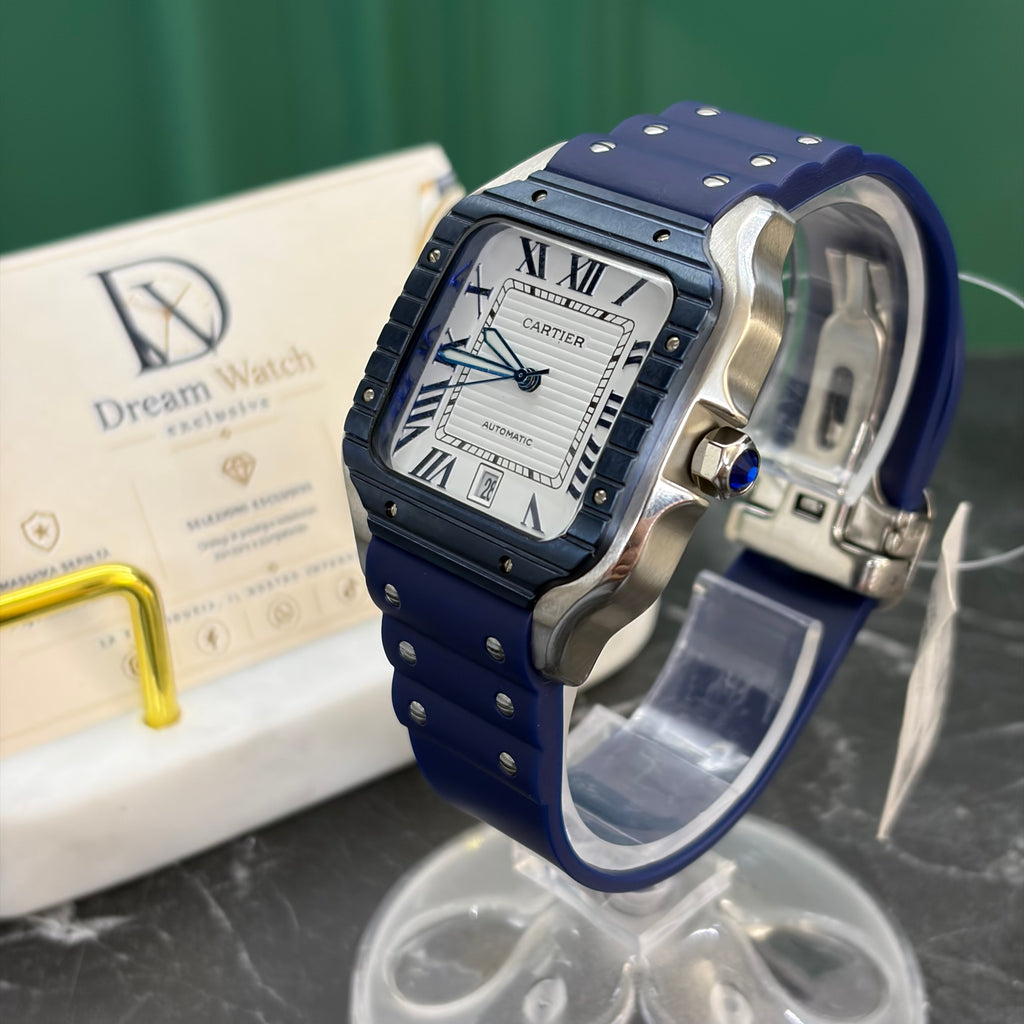 Cartier Santos 40mm – Ghiera Blu, Cinturino Caucciù Blu