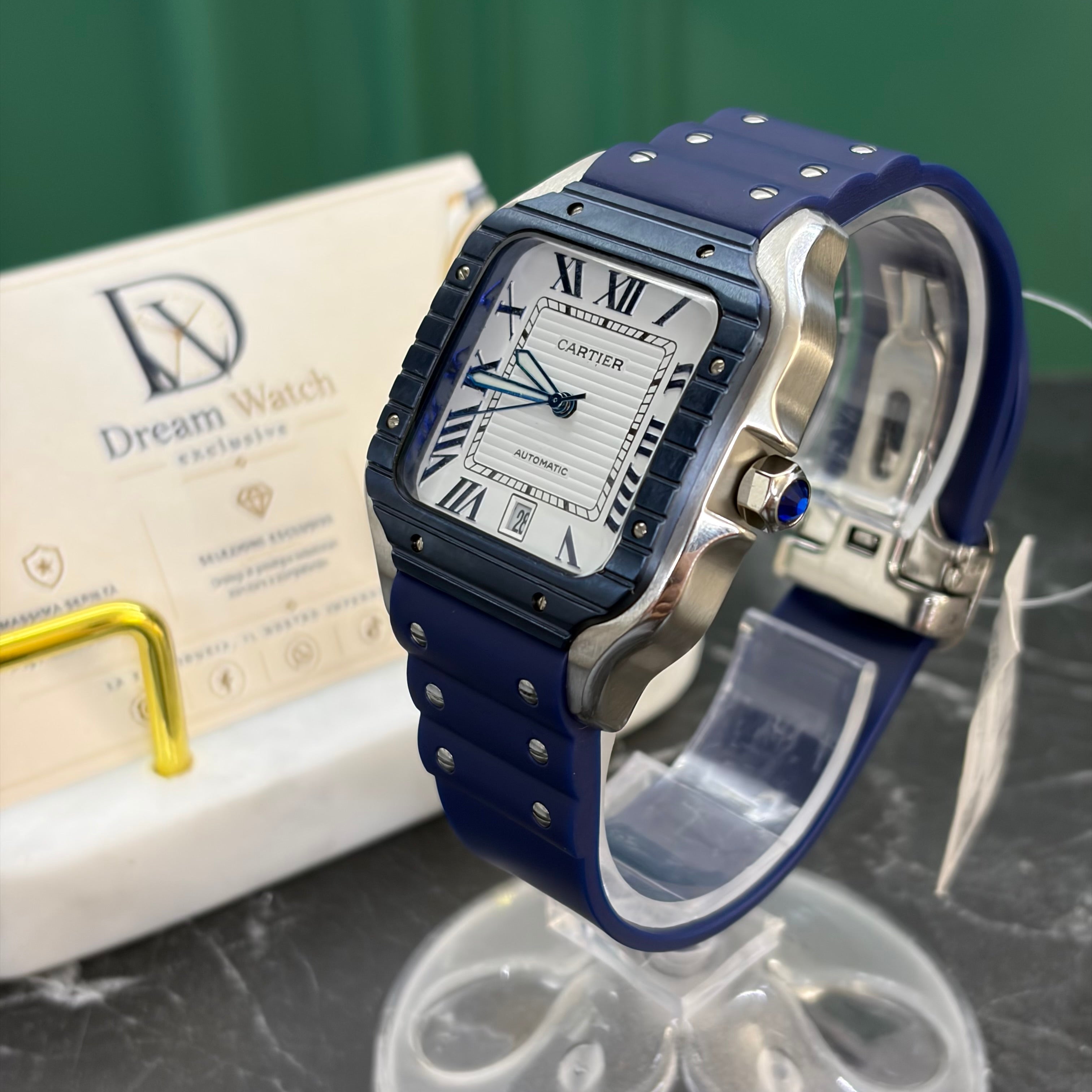 Cartier Santos 40mm – Ghiera Blu, Cinturino Caucciù Blu