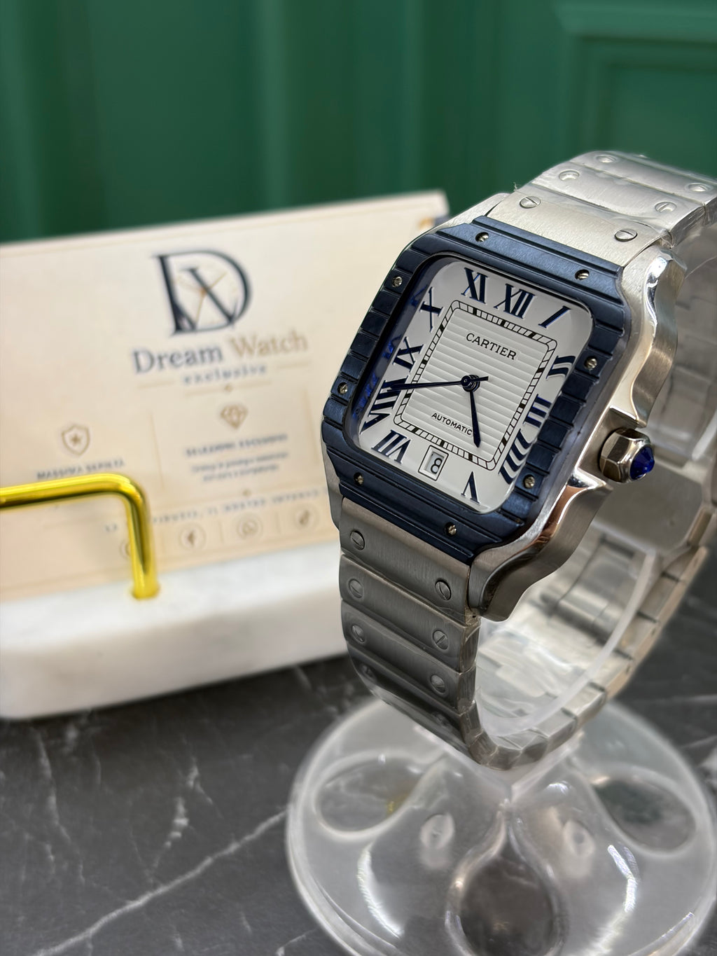 Cartier Santos 40mm – Ghiera Blu, Fondo Bianco