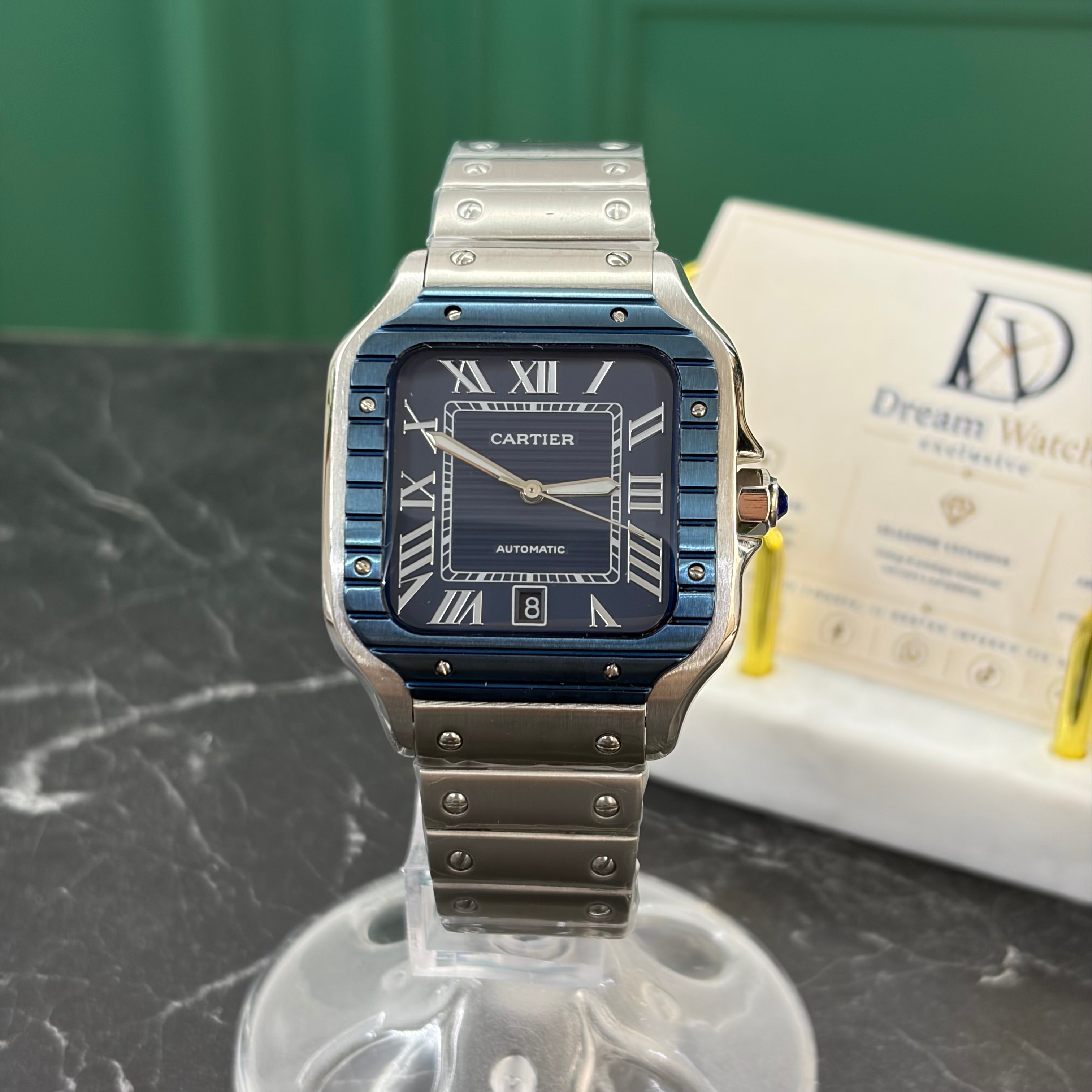 Cartier Santos 40mm – Ghiera Blu, Fondo blu
